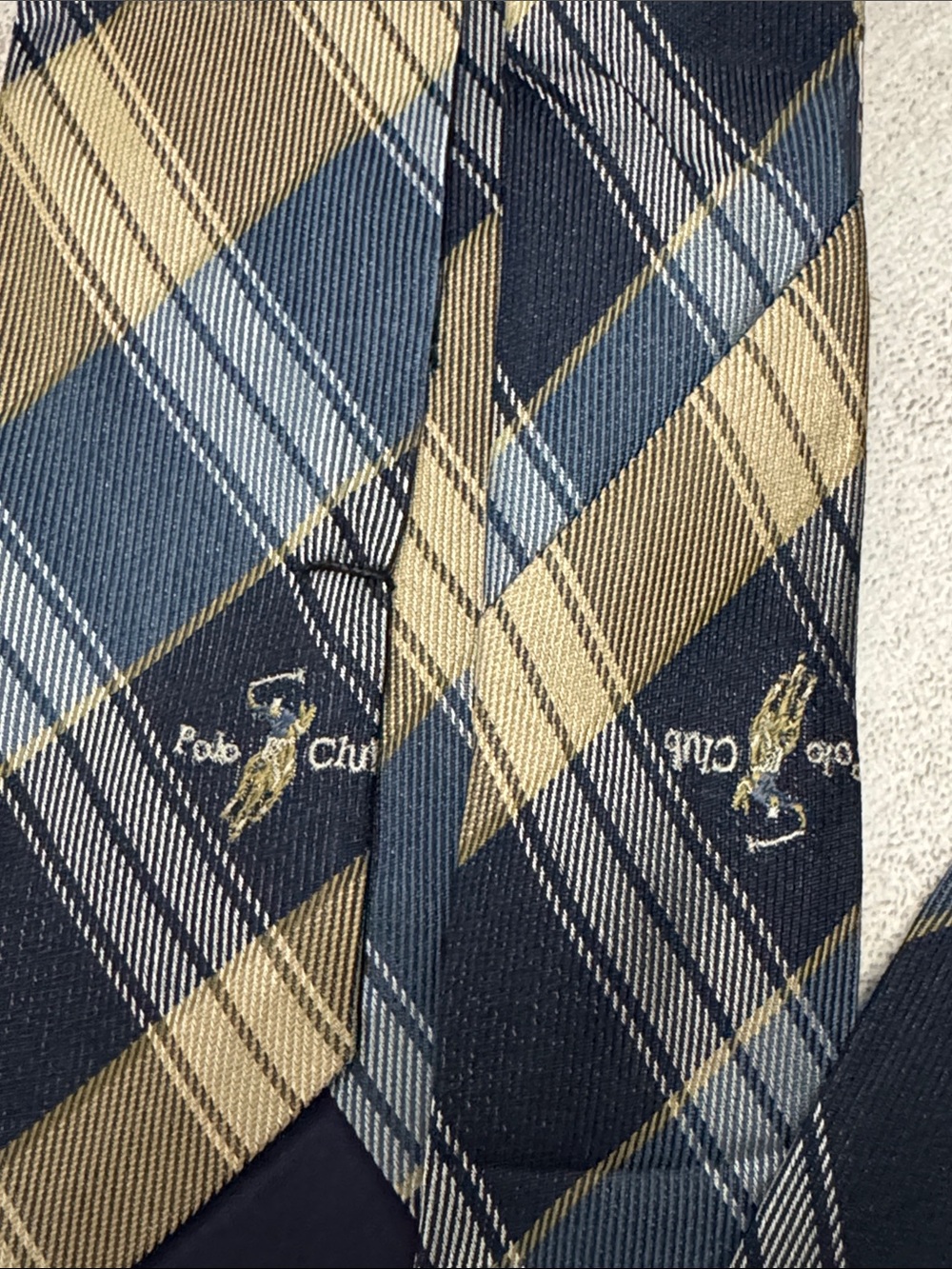 Men's Plaid Tie in Navy and Tan - Picture 2 of 4